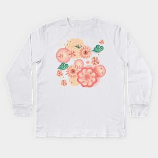 Beautiful floral elegant peony, blossom sakuras, lanterns Spring flowers peacock, pink floral decorative pattern. Cute Birthday Gifts. Chines New Year. Kids Long Sleeve T-Shirt